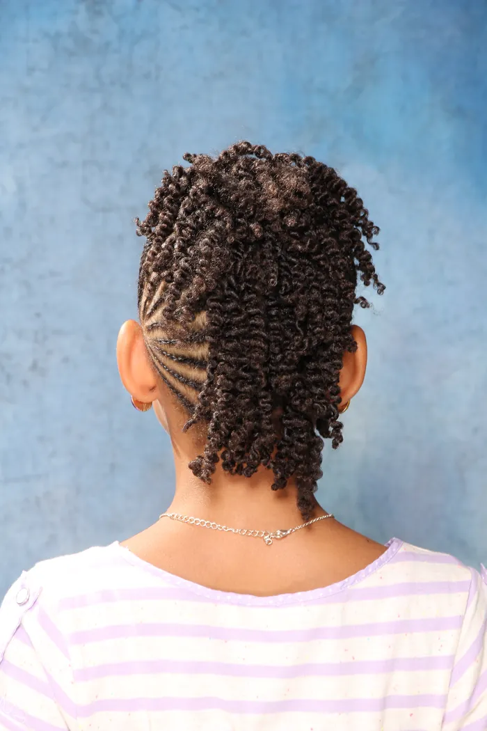 Cornrow pattern flowing into twists, seen from the back