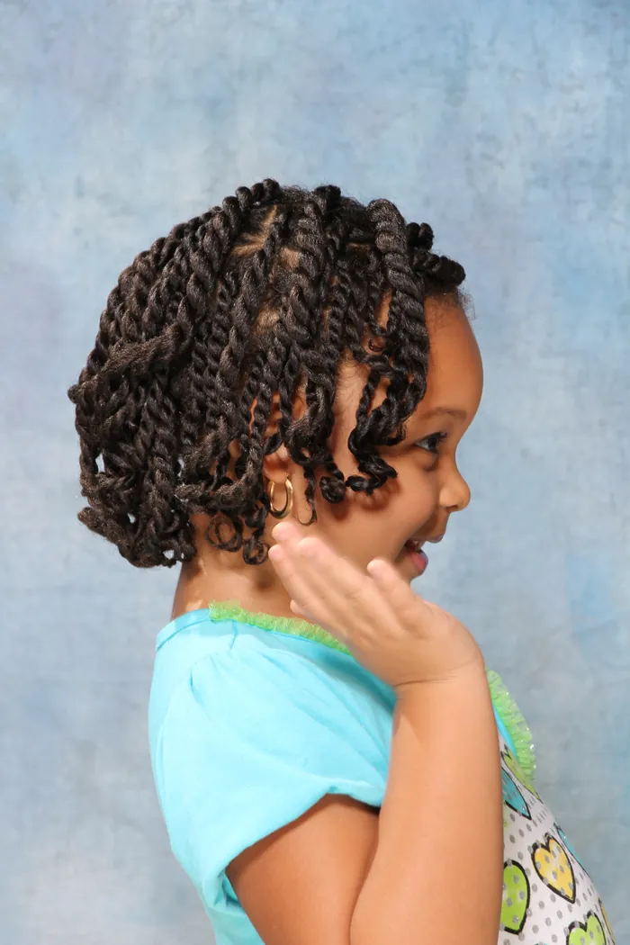 Two-strand twists on a young client, side view